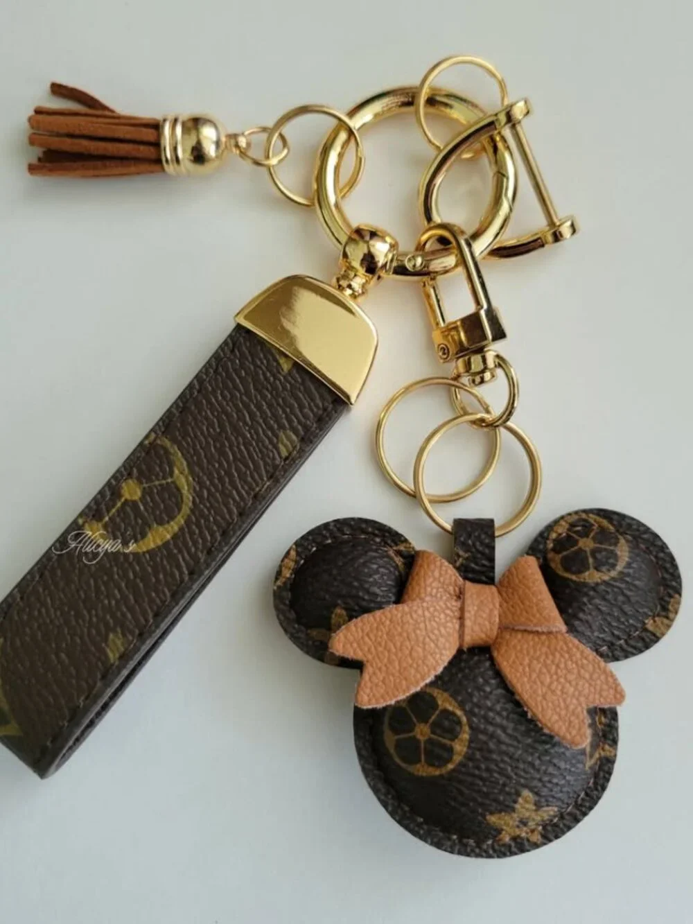 Minnie Mouse Keychain with Strap, Tassel and Keyrings - Brown with Gold Hardware